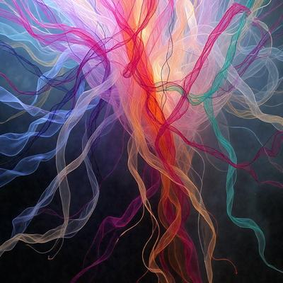 The primary subject of the image is a colorful, abstract pattern made up of various colors, including pink, blue, and orange. The pattern is displayed against a dark background, creating a striking contrast. The visual style of the image is a combination of photo and digital art, as it appears to be a close-up of a colorful, textured surface. The colors and mood of the image are vibrant and lively, with the pink, blue, and orange hues evoking a sense of energy and cre